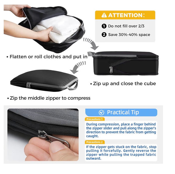 BAGAIL 4 Set/6 Set/8 Set Compression Packing Cubes Travel Accessories Expandable Packing Organizers (Cloth Pattern, 4-
Black)