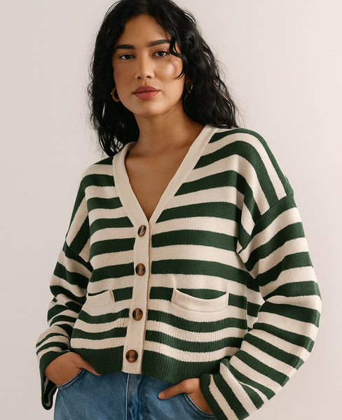 Green and Cream Striped Women's Sweater