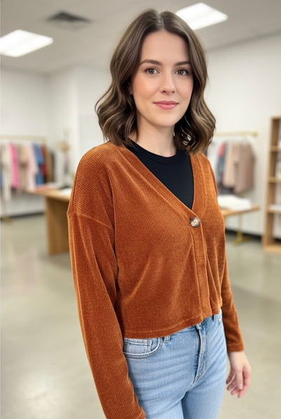 Good Luck Girl Womens Cropped Cardigan Sweater One Button Velvet Burnt Orange