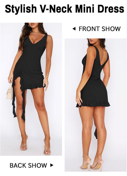 Sexy Deep V Neck Mini Dress for Women Y2K Side Slit Going Out Cocktail Wedding Party Ruffle Short Dresses