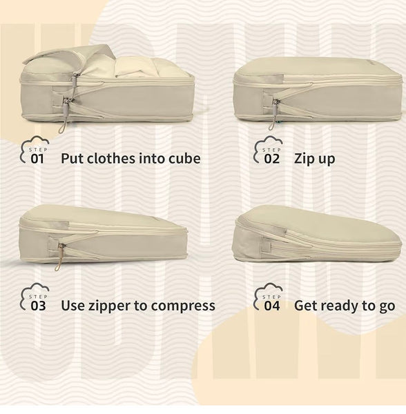 6-Piece Compression Packing Cubes Set – Travel Organizer Bags for Women & Men