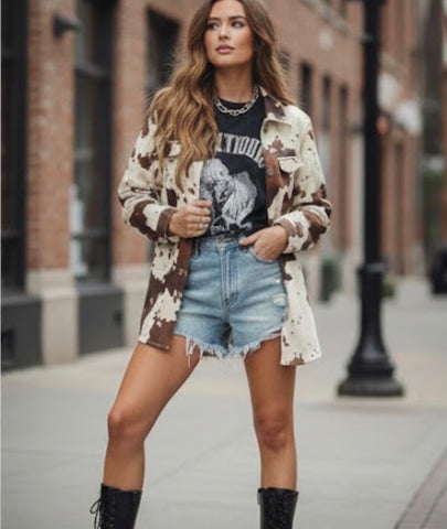 Style Long Sleeve Print Outerwear For Women Loose Fit Fashionable Street Style Coat Elegant Lapel
Design