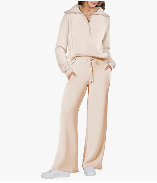 Women 2 Piece Outfits 2025 Fall Fashion Airport Wide Leg Pants Lounge Set Leisure Travel Vacation Clothes Sweatsuits