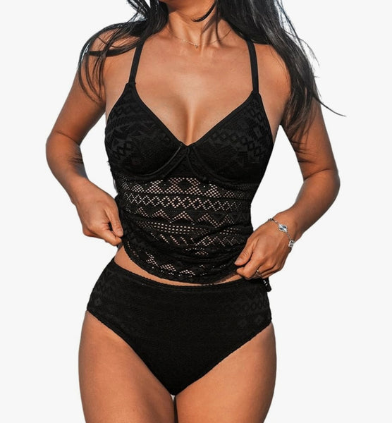 Black V-Neck Cutout Tankini Set – Two Piece Swimsuit