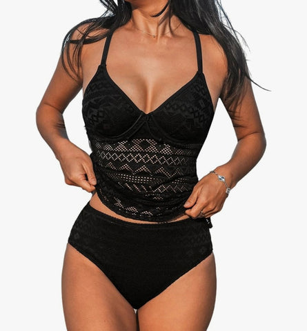 Black V-Neck Cutout Tankini Set – Two Piece Swimsuit