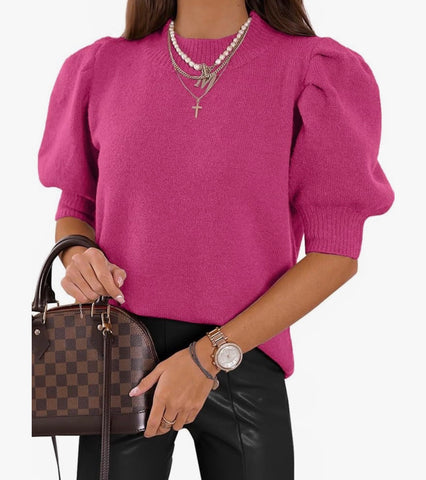 Women's Puff Short Sleeve Sweater Tops 2025  Fall Trendy Casual T Shirts Blouses
