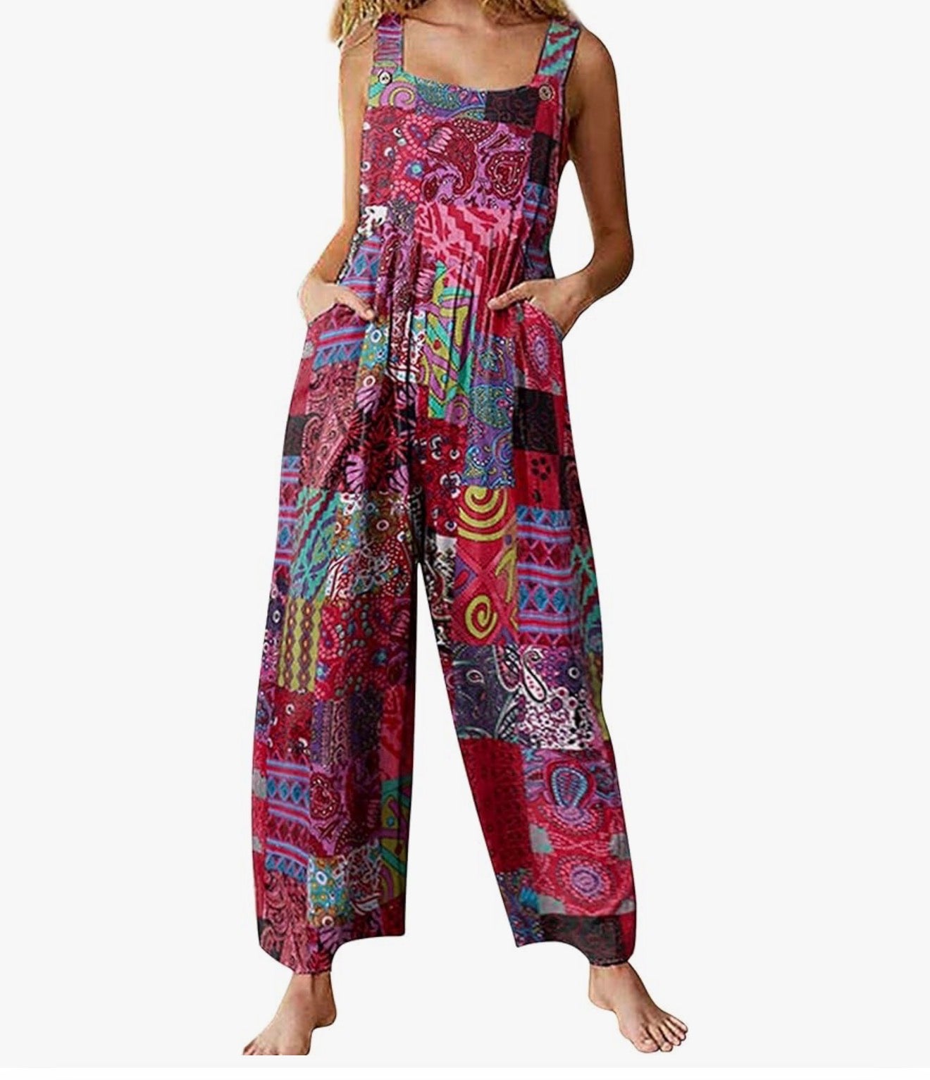 Boho Patchwork Floral Wide-Leg Jumpsuit with Pockets