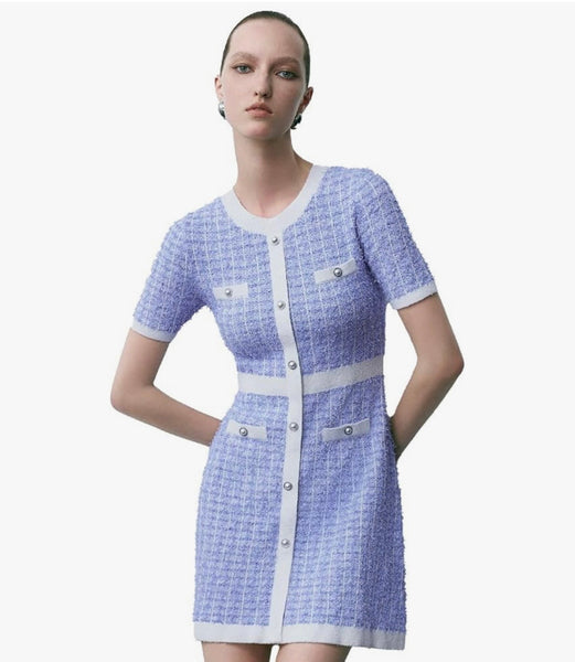 URBAN REVIVO Women's Sweater Dress Knit Tweed Dress Short Sleeve Pearl Button Mini Dresses Trendy for Fall