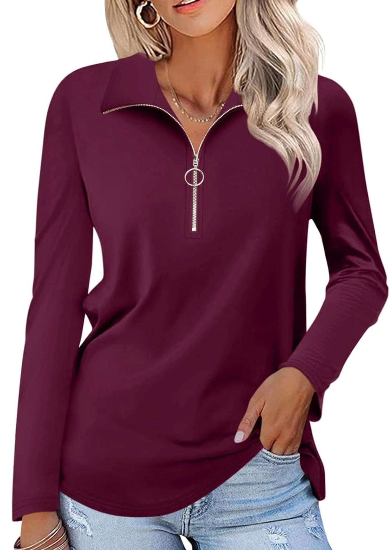 Womens Long Sleeve Tops V Neck Shirts Quarter Zip Pullover Collared Casual Tops Fall Clothes