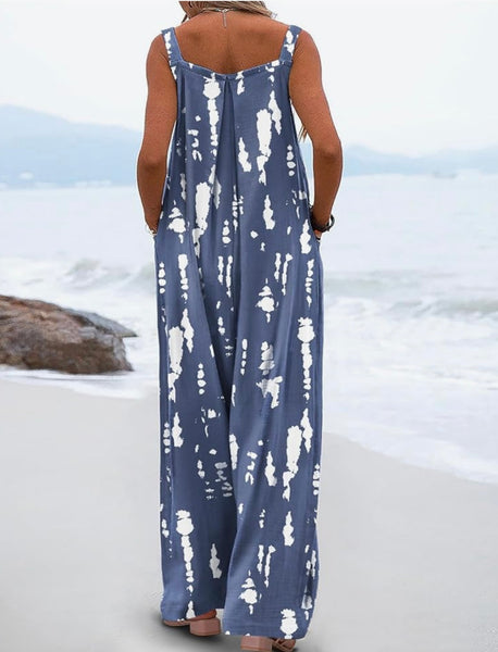 Boho Floral Wide Leg Jumpsuit – 100% Cotton Casual Overalls with Pockets