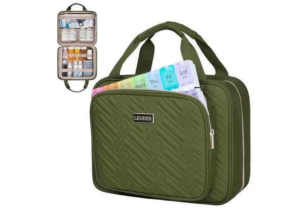 Leudes Travel Pill Bottle Organizer,Medicine Organizer and Storage,Home Medication Bag, Cases,Carrier for Pills,Vitamin,Fish Oil,Supplements for Women and Men (Large, Army Green)