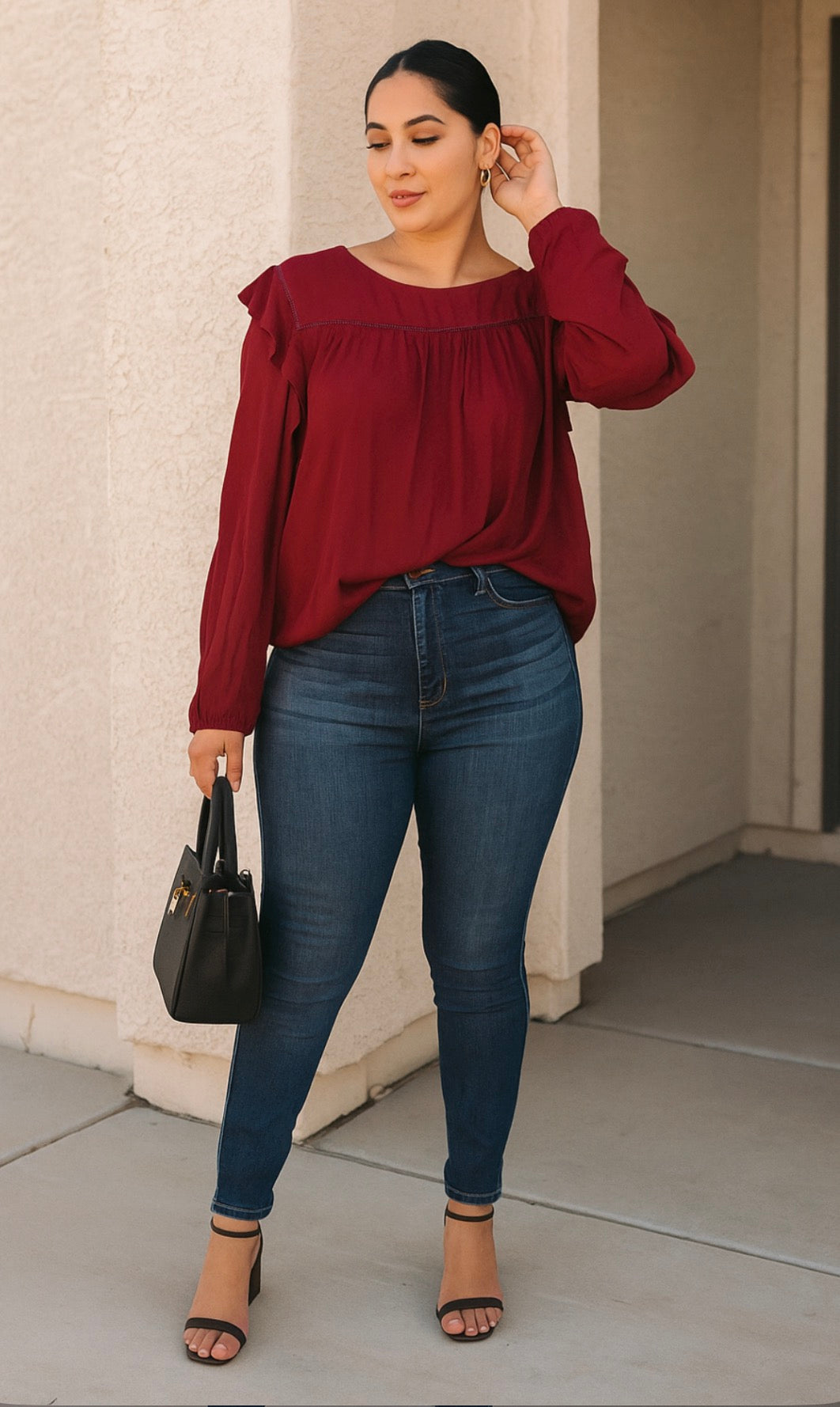 Wine Ruffle Detail Blouse