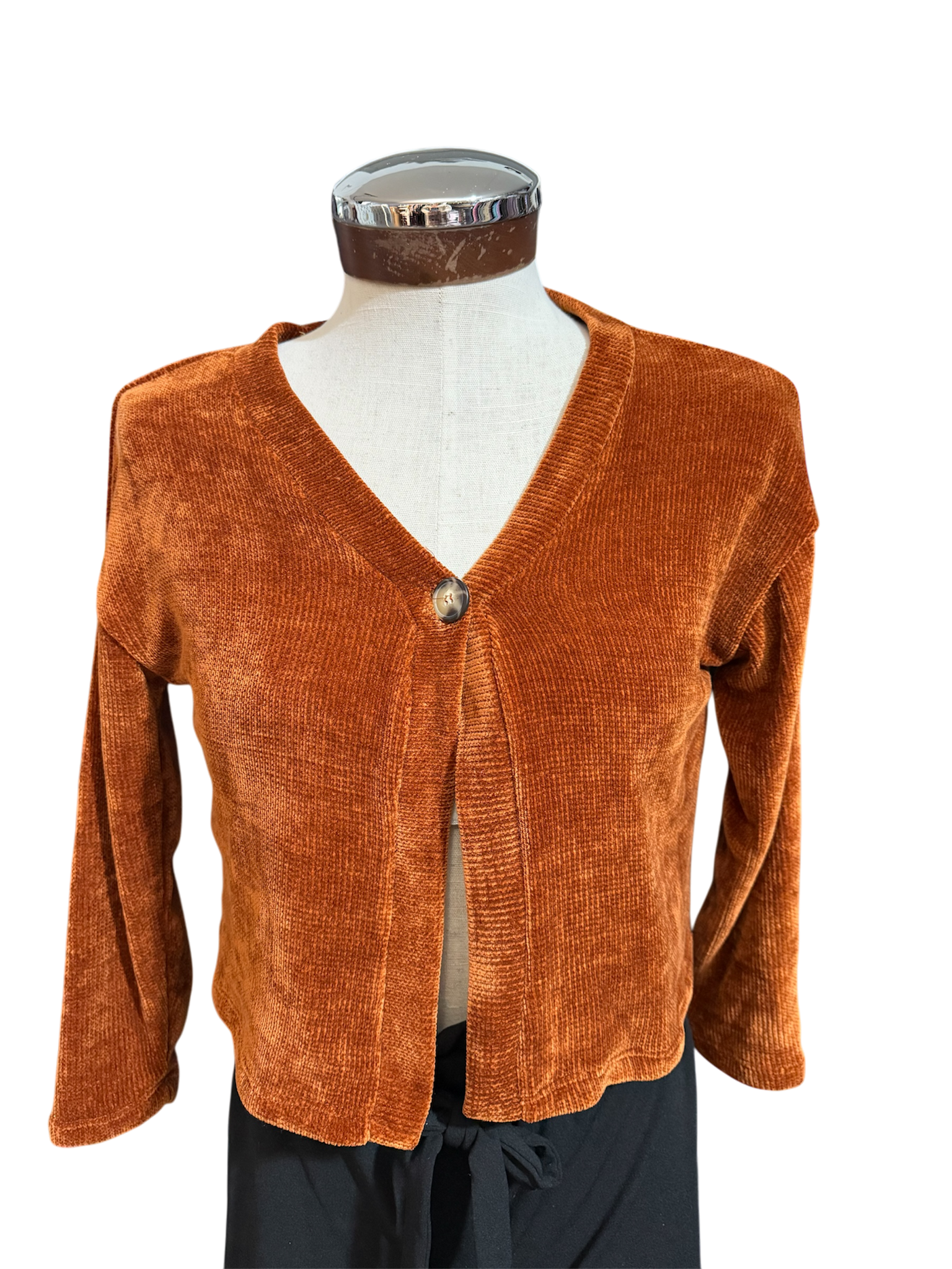 Good Luck Girl Womens Cropped Cardigan Sweater One Button Velvet Burnt Orange