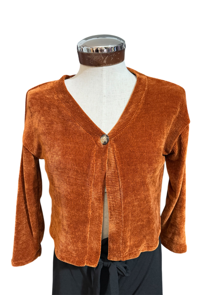 Good Luck Girl Womens Cropped Cardigan Sweater One Button Velvet Burnt Orange