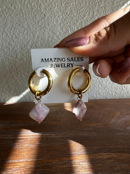 Pink natural stone pendant hoops