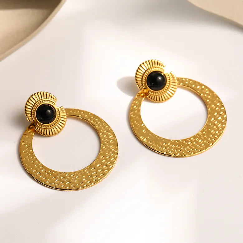 Round Inlay Natural Black Stone Ear Studs