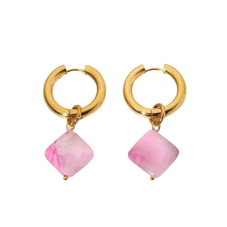 Pink natural stone pendant hoops