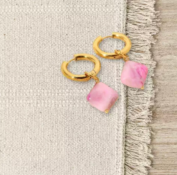 Pink natural stone pendant hoops